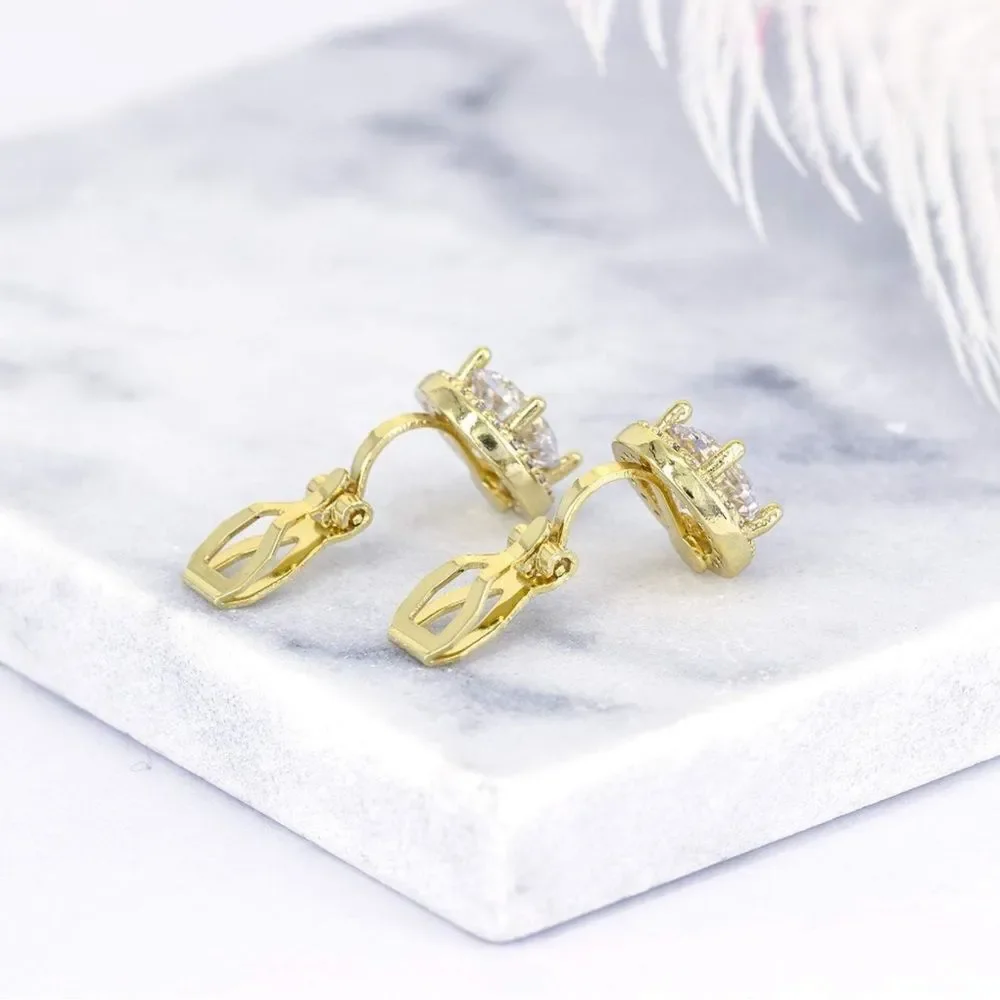 Yellow Gold with White Diamond AAA Cubic Zirconia Round Stud Clip On Earrings